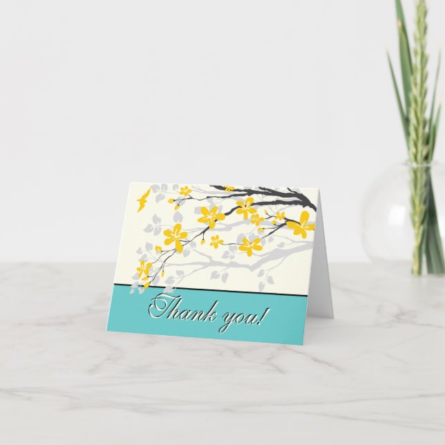 Flowers yellow turquoise wedding Thank you card (Front)