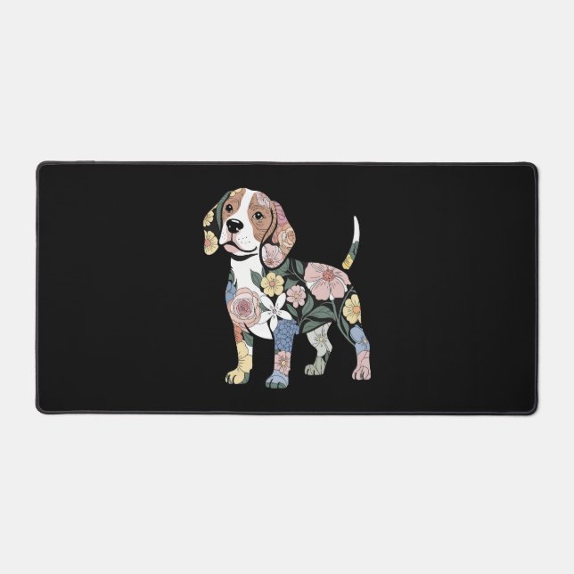Flowery Beagle Silhuette Design Desk Mat (Front)