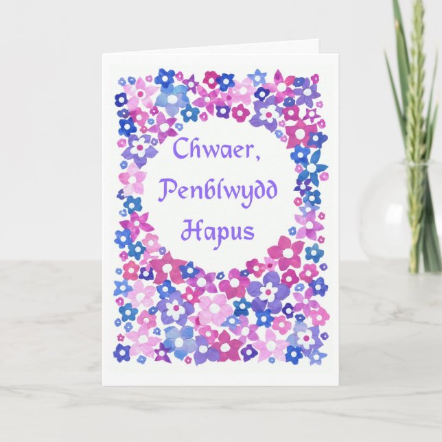 Flowery Birthday Card for Sister: Welsh Greeting (Front)