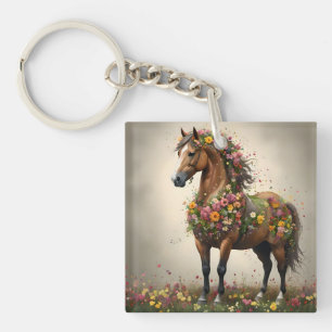 Flowery Brown Horse Fantasy Garden,  Keychain