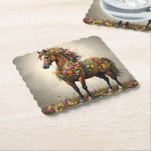Flowery Brown Horse Fantasy Garden,  Paper Coaster