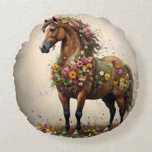 Flowery Brown Horse Fantasy Garden, Round Pillow