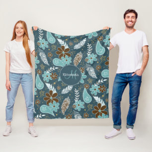 flowery feathery teal turquoise brown boho fleece blanket