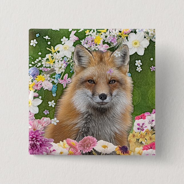 Flowery Fox 2 Inch Square Button (Front)