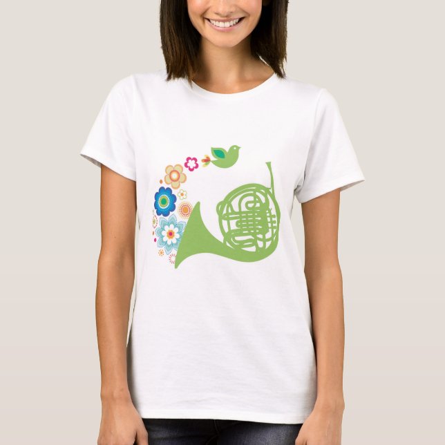 Flowery French Horn Music Gift T-Shirt (Front)