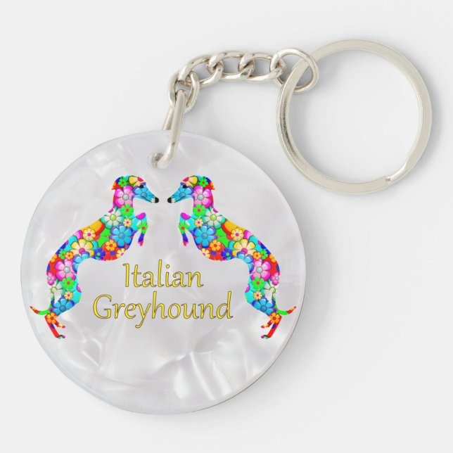 Flowery Italian Greyhounds Keychain (Back)