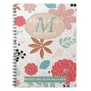 Flowery Pink Blue Brown Monogram Mom 1st Recipe Notebook