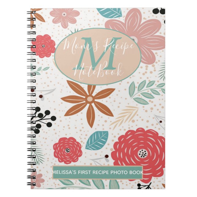 Flowery Pink Blue Brown Monogram Mom 1st Recipe Notebook (Front)
