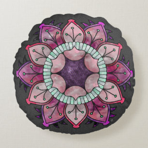 Flowery Watercolor Mandala - Berry Colours on Grey Round Pillow