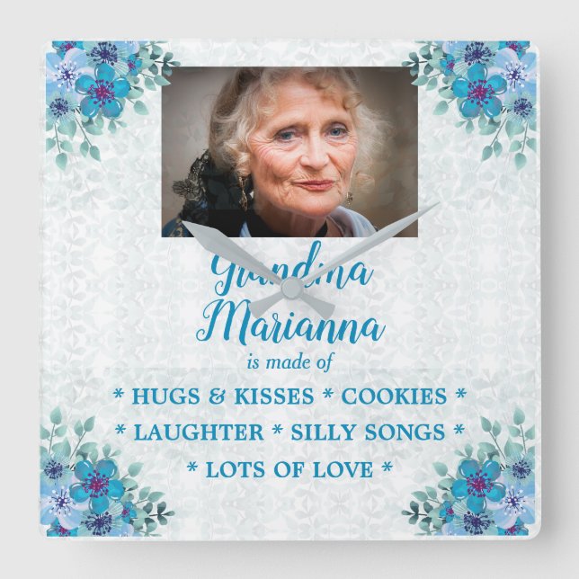 Flowery "What Grandma is Made Of"   Square Wall Clock (Front)