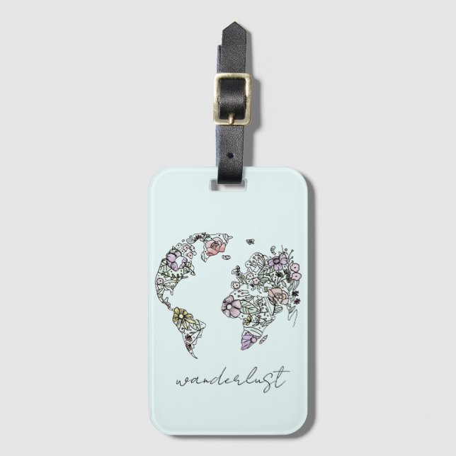 Flowery World Map Wanderlust Luggage Tag (Front Vertical)