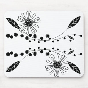 Flowing Black and White Floral Design Mouse Pad