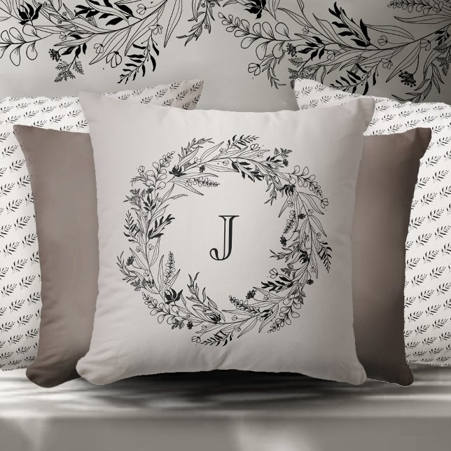 Flowing botanical wreath around letter J Throw Pillow (Creator Uploaded)