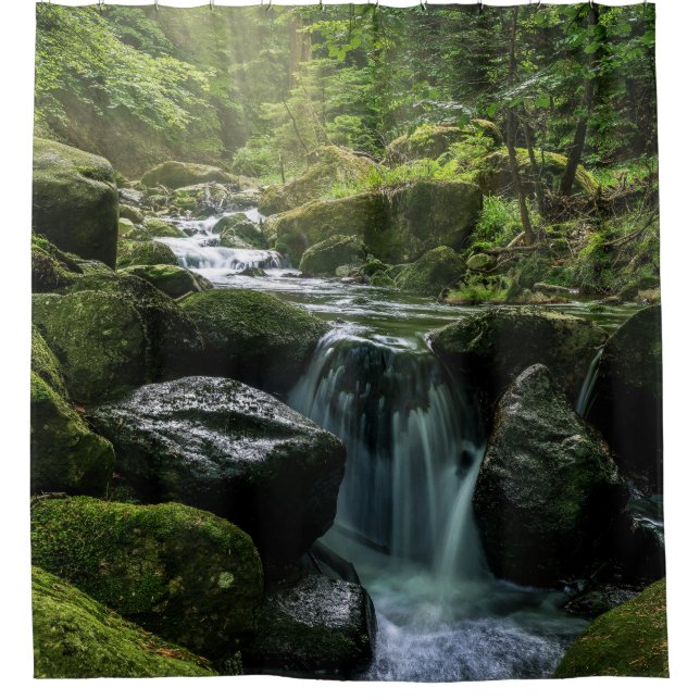 Flowing Creek, Green Mossy Rocks, Forest Nature (Front)