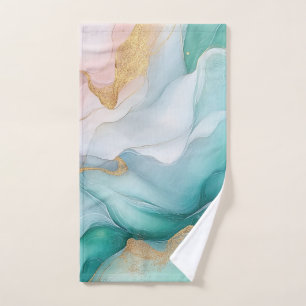 Flowing Emerald and Gold Marble Bath Towel Set