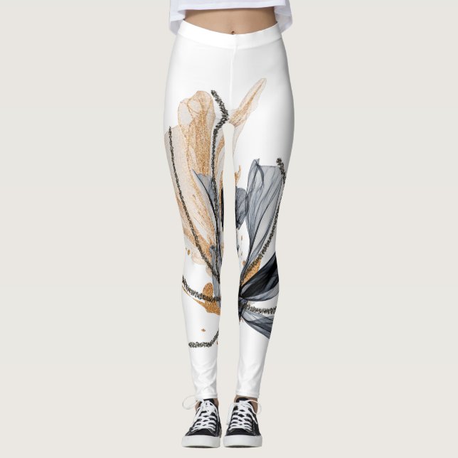 Flowing Floral Design Leggings Black & Gold Colour (Front)
