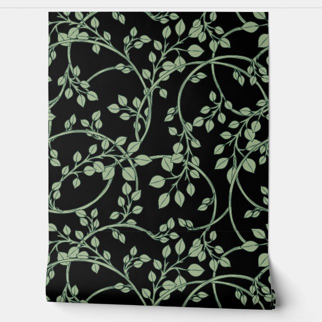 Flowing Green Vine Pattern On Black Wallpaper (Unrolling)