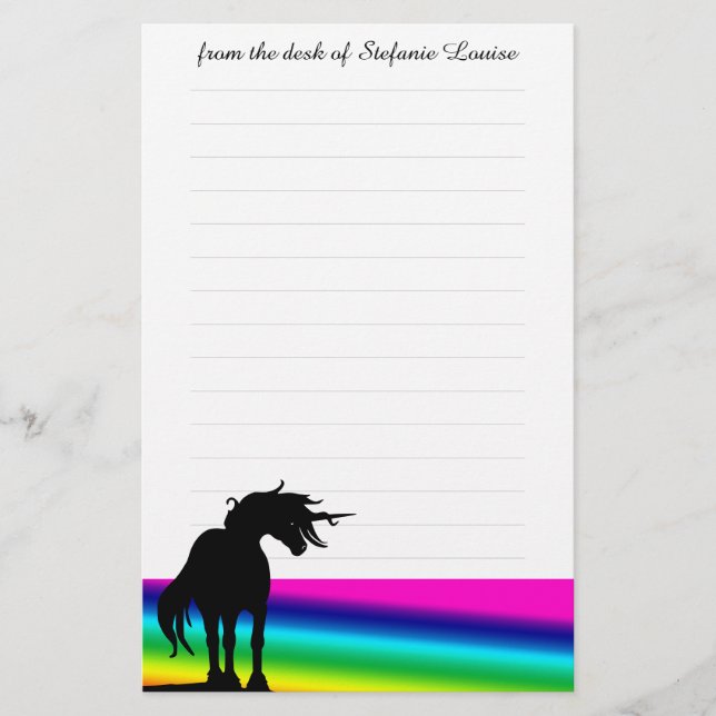 Flowing Mane Unicorn Stationery w/lines (rainbow) (Front)