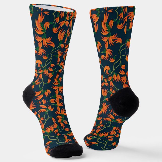  Flowing Orange Floral Pattern Socks (Angled)