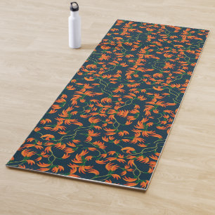  Flowing Orange Floral Pattern Yoga Mat