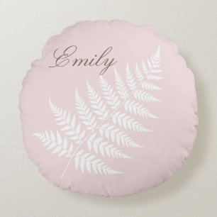 Flowing Script Name Blush Pink White Fern Round Pillow