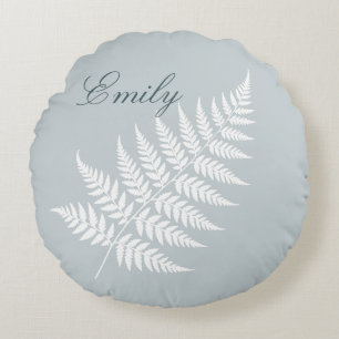 Flowing Script Name Icy Blue White Fern Round Pillow