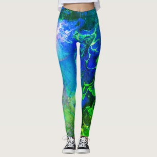 Flowing Textured Ink Abstract Chaos Green & Blue Leggings