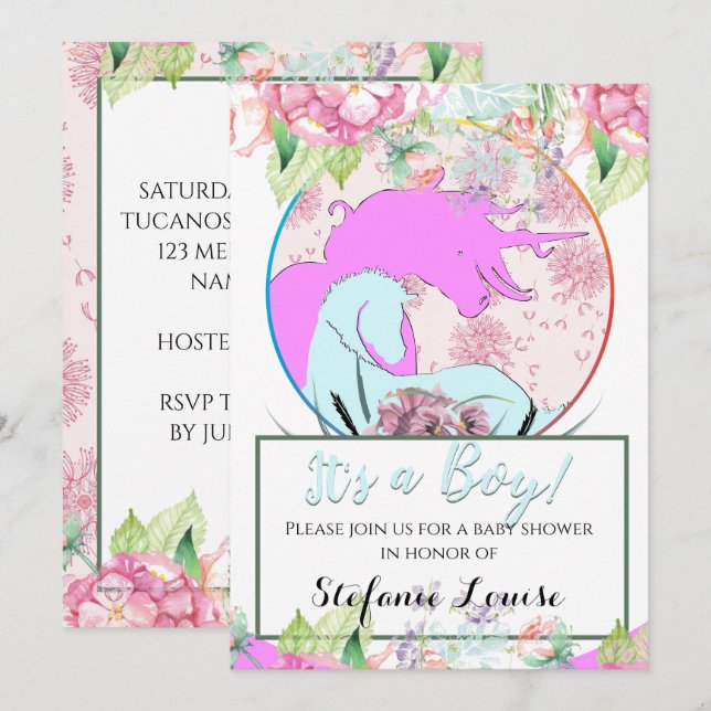Flowing Unicorn Pink It's a Boy! (flowers &dande) Invitation (Front/Back)