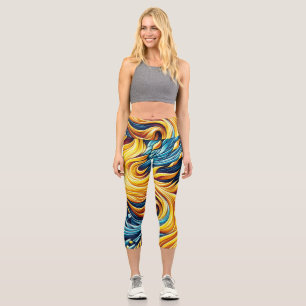 Flowing Yellow Fire Ice Geometric Pattern Capri Leggings
