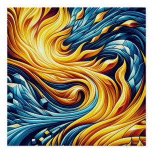 Flowing Yellow Fire Ice Geometric Pattern Poster