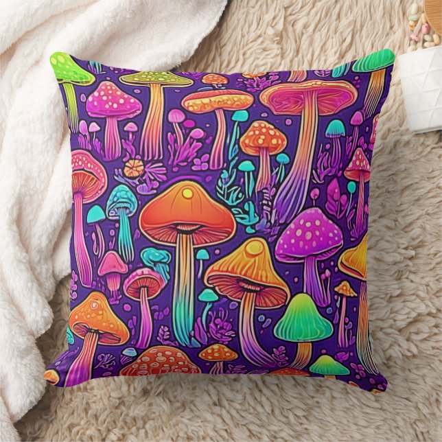Flowy Neon Mushrooms Dance Throw Pillow (Blanket)
