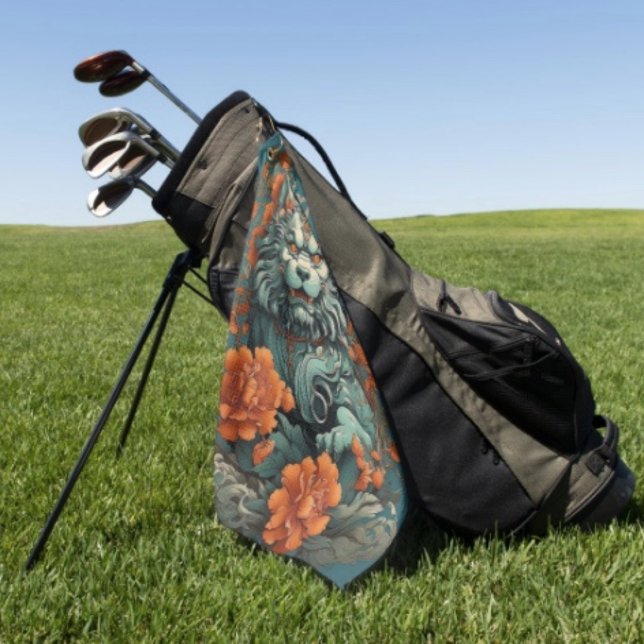 Flu Lion of Wisdom  Golf Towel (Asian Lion Head Golf Towel  poly blend D: 16" x 24". Grommet brass plated hook. Machine washable.)