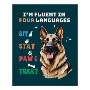 Fluent In Four Languages: Sit, Stay, Paw & Treat Poster