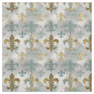 Fluer de Lis   Soft Blue & Gold Fabric