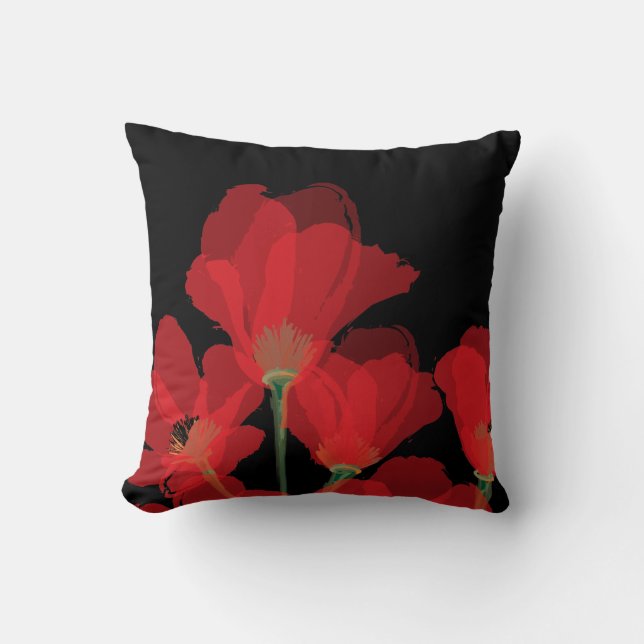 Fluers de Pavot Rouge sur Noir Throw Pillow (Front)