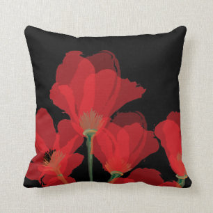 Fluers de Pavot Rouge sur Noir Throw Pillow