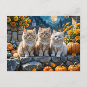 Fluffy Autumn Kittens Pumpkins and Foliage Holiday Postcard