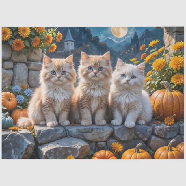 Fluffy Autumn Kittens Pumpkins and Foliage Tissue Paper (Front)