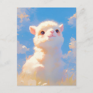 Fluffy Baby White Alpaca in Sunny Blue Sky Postcard
