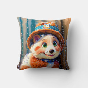 Fluffy Bear in Winter Hat Christmas Design OWN ART Throw Pillow