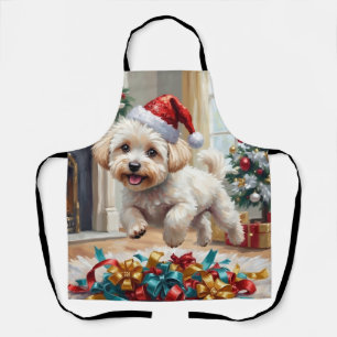 Fluffy Bichon Frise Dog Joyful Christmas Apron
