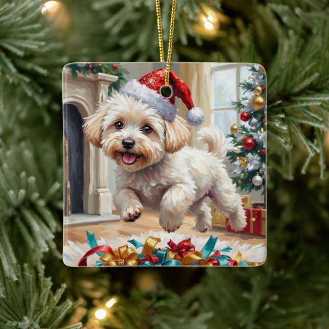Fluffy Bichon Frise Dog Joyful Christmas Ceramic Ornament (Tree)