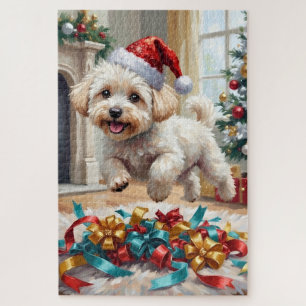 Fluffy Bichon Frise Dog Joyful Christmas Jigsaw Puzzle