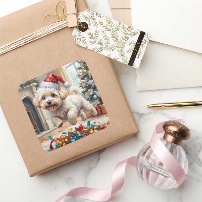 Fluffy Bichon Frise Dog Joyful Christmas Square Sticker (Gifting)