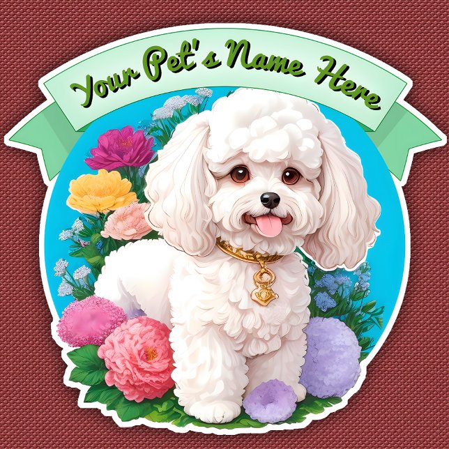 Fluffy Bichon Frisé, green ribbon, flowers around (Creator Uploaded)