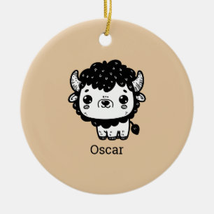 Fluffy Bison Baby - Kawaii Farm Animal Art Ceramic Ornament