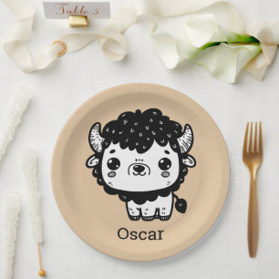 Fluffy Bison Baby - Kawaii Farm Animal Art Paper Plate