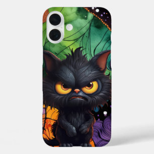 FLUFFY BLACK ANGRY HALLOWEEN CAT iPhone 16 PLUS CASE