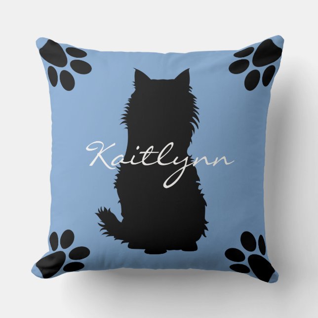 Fluffy Black Cat and paws on Blue Throw Pillow (Front)