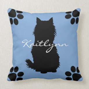 Fluffy Black Cat and paws on Blue Throw Pillow